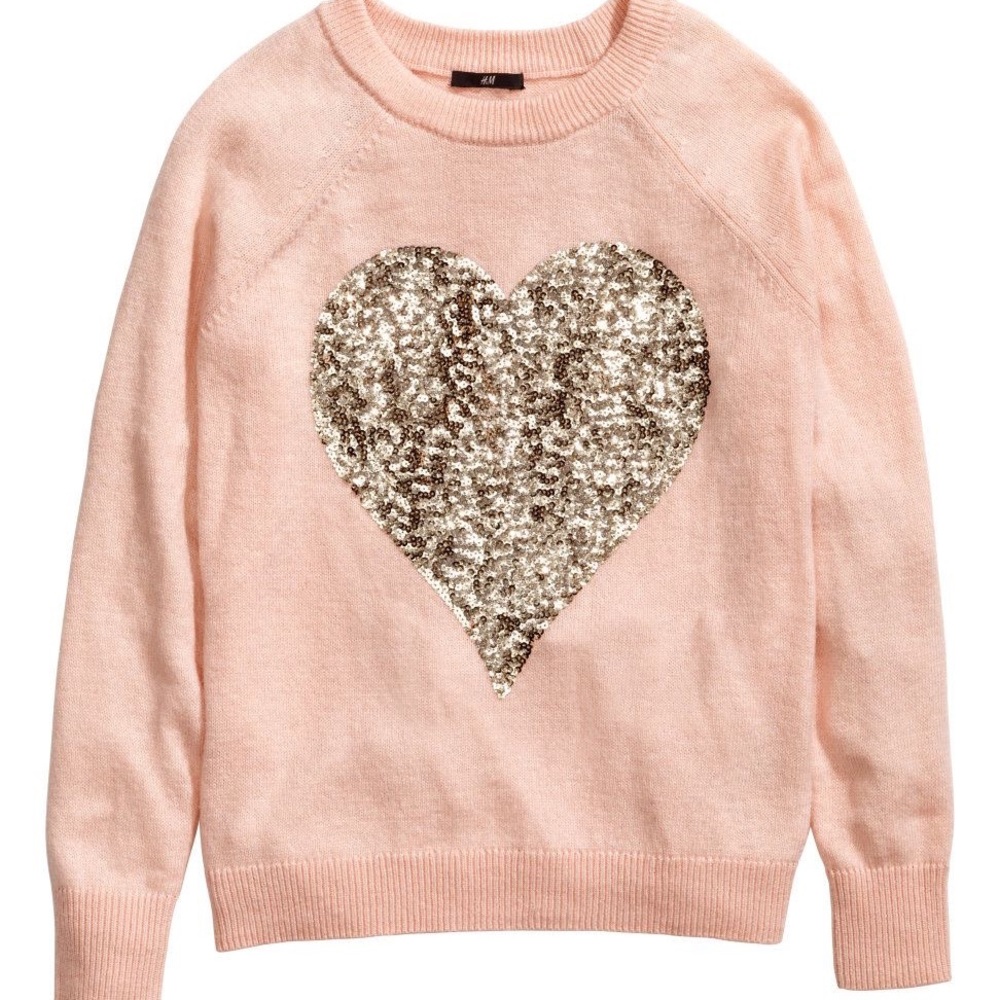 H&M Pink Fuzzy Sequin Heart Sweater XL